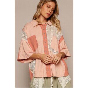 POL Shirt Womens L Oversized Thermal Lace Button Down Top Blush Pink Boho